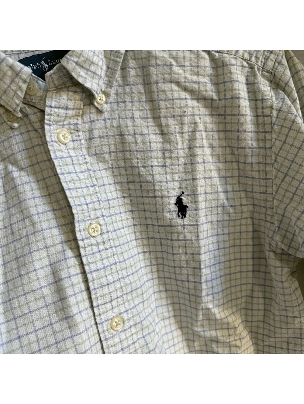 Polo Ralph Lauren Youth L Blue Green Check Button Shirt Pony Logo Cotton